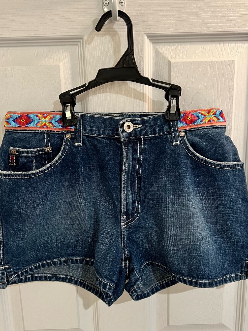 Guess Dark Blue Denim Shorts with Multicolor Beaded Waistband